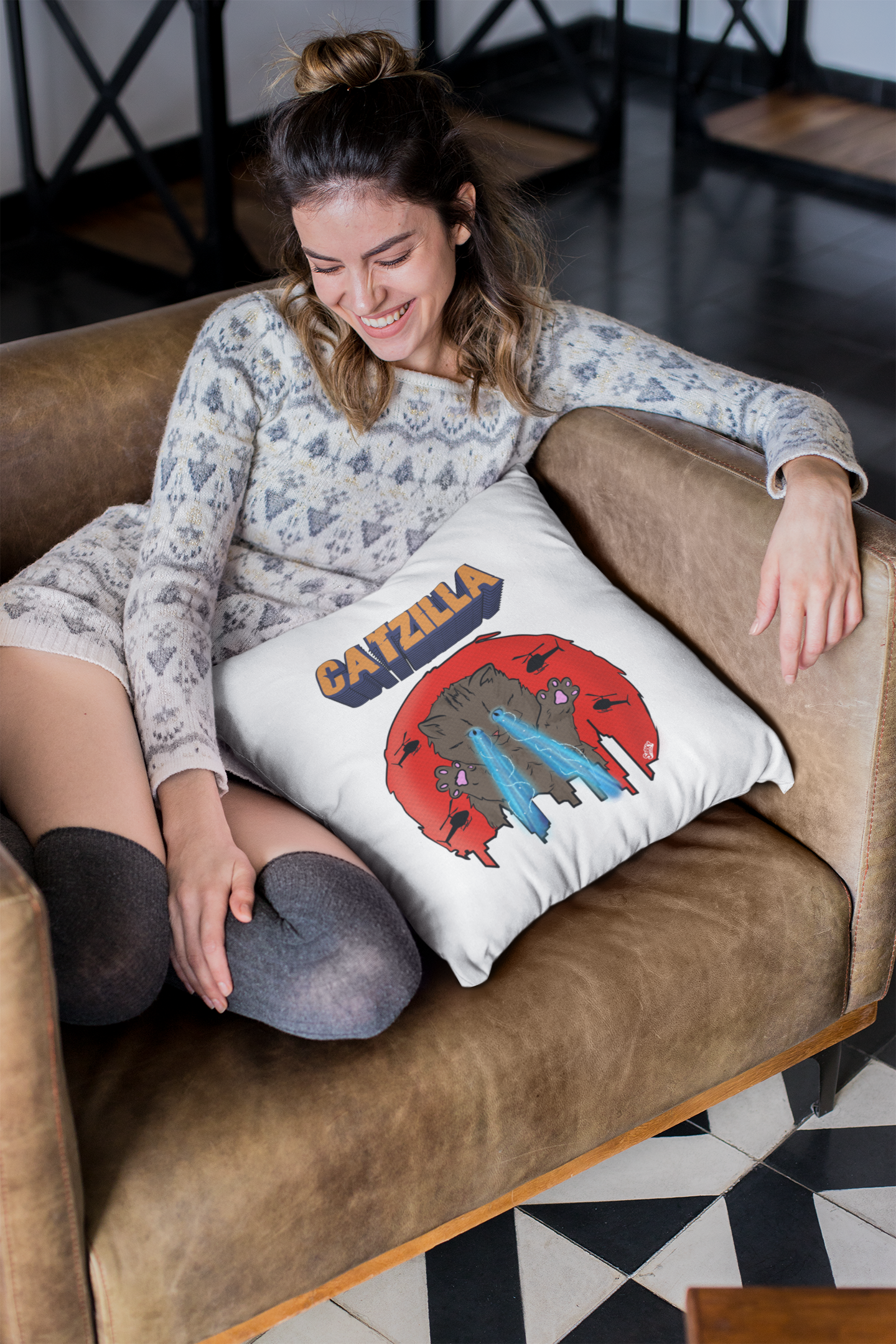 cat on cushion, cushions uk, custom cushions, tufted cushion, beige and black cushions, Graphic tees, sarkysloth, sarky sloth